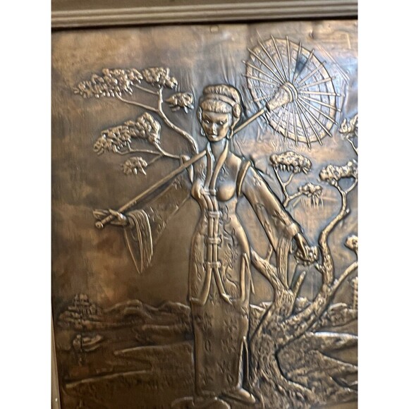 Oriental Pressed Copper Metal Vintage Framed Artwork Asian Man & Woman As Is 70s - Picture 4 of 16